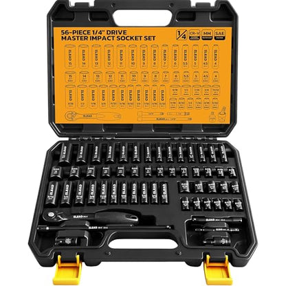 ELEAD 1/4" Drive Impact Socket Set, 56-Piece Standard SAE (5/32 to 9/16 inch) and Metric (4-15mm) Size, Deep & Shallow, 6 Point, Cr-V, 72-Tooth Ratchet Handle, Extension Bar, Universal Joint - style: 1/4'' Drive Impact Socket Set