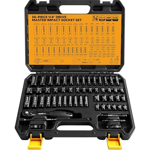 ELEAD 1/4" Drive Impact Socket Set, 56-Piece Standard SAE (5/32 to 9/16 inch) and Metric (4-15mm) Size, Deep & Shallow, 6 Point, Cr-V, 72-Tooth Ratchet Handle, Extension Bar, Universal Joint - style: 1/4'' Drive Impact Socket Set