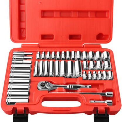 44-Piece 1/4 Inch Drive SAE (3/16 in - 9/16 in) & Metric (4 mm - 14 mm) Socket Set, Socket Wrench Set with 90 Tooth Reversible Ratchet Wrench and Extension Bars, Chrome Vanadium Steel