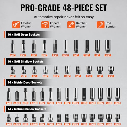 VEVOR Drive Impact Socket Set 1/4" - 48 Piece Deep & Shallow Socket Set SAE 3/16"-9/16" and Metric 4-15mm - 6 Point Cr-Mo Alloy Steel for Auto Repair - Easy-to-Read Size Markings Storage Case - style: 1/4" 48PCS CR-MO