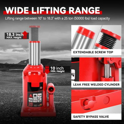 Auto Dynasty 25 Ton Hydraulic Bottle Jack, Automotive Welded Bottle Jack for Car, Pickup Truck, RV, Auto Repair, 10" to 18" Lifting Range (Red) - color: Red, size: 25 Ton