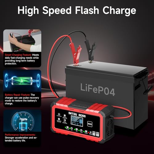 DATOUBOSS Battery Charger 15-Amp 12V/24V Smart Car Battery Charger, Trickle Charger & Maintainer with Pulse Repair, for Lead-Acid AGM LiFePO4 Lithium Batteries, for Car Truck Boat (12V 15A/24V 8A)