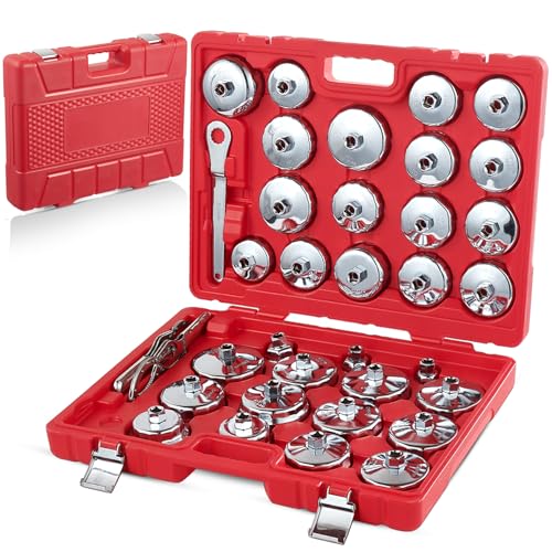 Auto Oil Filter Socket Wrench Set, Stainless Steel, 1/2 inch Drive | Cup Type Cap Removal Tool, Drain Plug Socket Set Included, Compatible with Car & SUV - color: Red