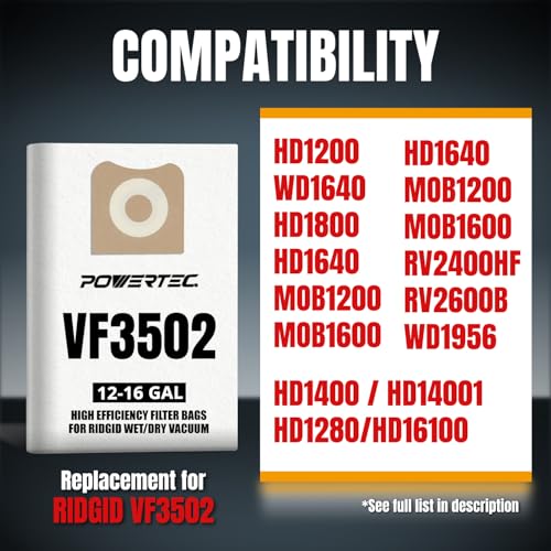 POWERTEC 23743 VF3502 Size A Shop Vacuum Bags for Ridgid 10 Pack, 12-16 Gal. Vacuum Bags for Ridgid HD1200, HD1400 Wet Dry Vac (75002-P5V) - size: VF3502 (Size A), style: 10 Pack