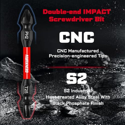 Geinxurn 10Pcs PH2-T25 Impact Double End Screwdriver Bit Set, 2.56 in. #2 Phillips /#25 Torx Power Driver Bits, Magnetic S2 Steel Two Sides Screwdriver Bits Set with Storage M-Box - style: 2.56"-PH2/T25-10PC