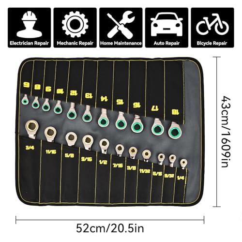 GRENPRO Ratcheting Wrench Set, Combination Wrench Set Metric And Standard & SAE With Color Ring, 1/4" to 3/4" & 6-18mm, 23PC Open End Ratchet Wrenches With Roll Up Pouch, CRV Socket Mechanic Tool Sets - style: 23PCS Ratcheting Wrench Set Metric&SAE With C