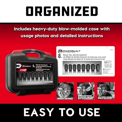 Powerbuilt 8 Piece 1/2-in. Drive Impact Rated Metric Axle Nut Socket Set 12 Point, 29mm-39mm, Heavy Duty Storage Case - 647752 - style: Axle Nut