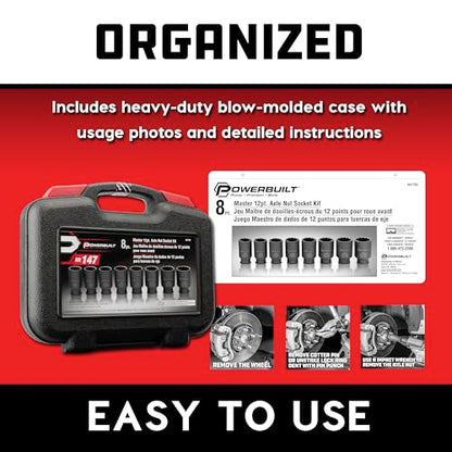 Powerbuilt 8 Piece 1/2-in. Drive Impact Rated Metric Axle Nut Socket Set 12 Point, 29mm-39mm, Heavy Duty Storage Case - 647752 - style: Axle Nut