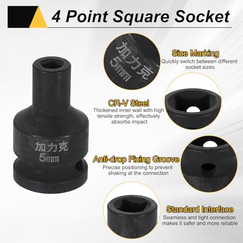 HARFINGTON 3pcs 4 Point Square Socket 1/2" Drive 5mm Metric Square Impact Socket CR-V Blackening Standard Wheel Sleeve Pneumatic Sleeve Tool for Auto Repair Mechanical Maintenance Home Use - size: 5mm