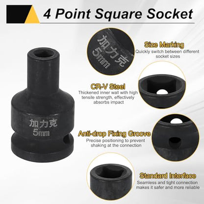 HARFINGTON 3pcs 4 Point Square Socket 1/2" Drive 5mm Metric Square Impact Socket CR-V Blackening Standard Wheel Sleeve Pneumatic Sleeve Tool for Auto Repair Mechanical Maintenance Home Use - size: 5mm