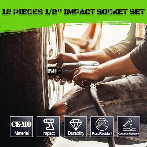1/2"12-Piece Extended Drive Impact Socket Set, Deep SAE Spindle Axle Nut Impact Socket Set, Cr-Mo, 1-1/16, 1-1/8, 1-3/16, 1-1/4, 1-5/16, 1-3/8, 1-7/16, 1-1/2, 1-9/16, 1-5/8, 1-11/16, 1-3/4 Socket - size: 12 Piece 1/2" SAE Impact Socket Set