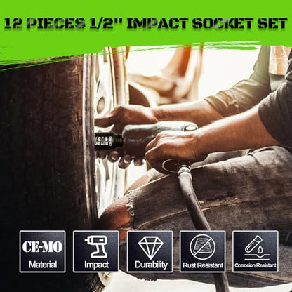 1/2"12-Piece Extended Drive Impact Socket Set, Deep SAE Spindle Axle Nut Impact Socket Set, Cr-Mo, 1-1/16, 1-1/8, 1-3/16, 1-1/4, 1-5/16, 1-3/8, 1-7/16, 1-1/2, 1-9/16, 1-5/8, 1-11/16, 1-3/4 Socket - size: 12 Piece 1/2" SAE Impact Socket Set