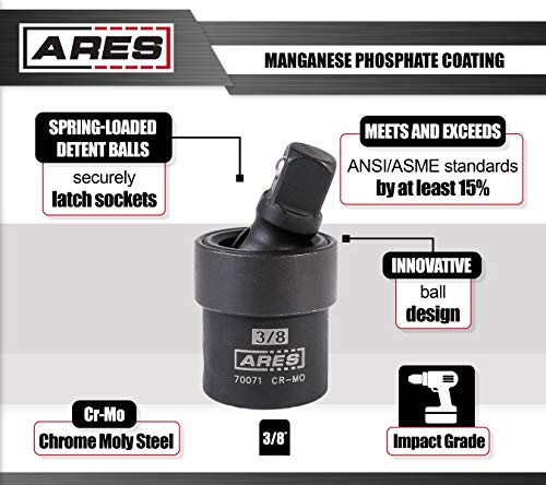 ARES 70071-3/8-inch Drive Impact Universal Joint - Chrome Moly Flexible U-Joint Socket Accesses Hard to Reach Fasteners and Meets ANSI/ASME Specifications - size: 3/8-Inch Standard