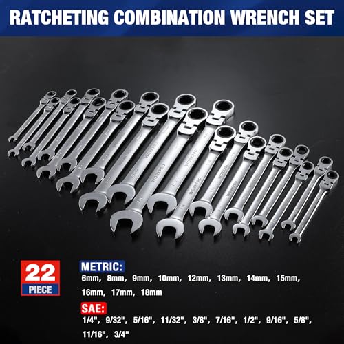 WORKPRO 22-Piece Ratcheting Wrench Set, Flex-Head Ratchet Combination Wrench Sets with Organizer Box, 72 Teeth, Metric 6-18mm & SAE 1/4-3/4" - style: Flex-head & Polished