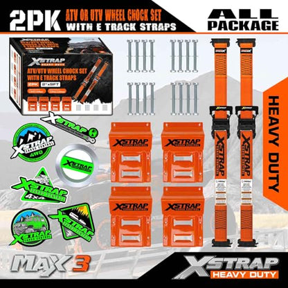XSTRAP STANDARD 2-Pack Wheel Chock E-Track Tie Down Straps Kit, 2" x 9FT | 4,500lb Break Strength Over-The-Tire Ratchet Straps with Steel Wheel Chocks for ATV, UTV, Lawn Mower, Trailer Hauling, Orange - size: Orange-2PK-9FT