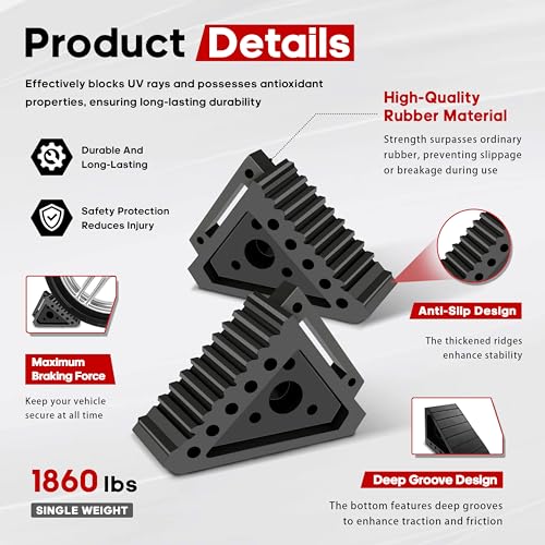 4 Pcs Black Wheel Chock Heavy Duty Solid Rubber, RV Wheel Chock Trailer Wheel Chocks, Durable Tire Chocks Premium Wheel Stopper for Car, Truck, Travel, Trailers, RV, ATV, 8" x 4" x 6"