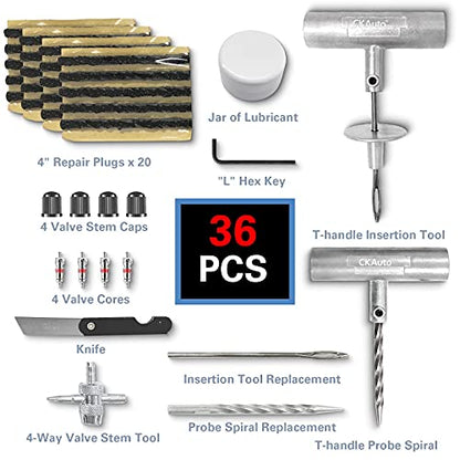 CKAuto Universal Tire Repair Kit, Professional Heavy Duty Emergency Tool | for Flat Tire Puncture Repair, 36-Piece Value Pack, Tire Plug Kit for Cars, SUVs, Motorcycles, Trucks, RVs, and More - size: 36 pcs