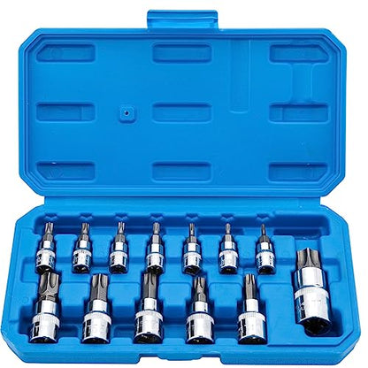 Qnkaa Torx Bit Socket Set 13pcs 3/8" Dr. T8 - T70 E Star S2 Alloy Steel | Premium Cr-V Steel Star Socket Torx Bits Metric 1/4, 3/8 and 1/2-Inch Drive