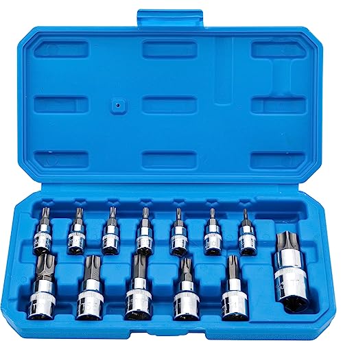 Qnkaa Torx Bit Socket Set 13pcs 3/8" Dr. T8 - T70 E Star S2 Alloy Steel | Premium Cr-V Steel Star Socket Torx Bits Metric 1/4, 3/8 and 1/2-Inch Drive