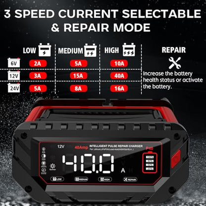 40 Amp Battery Charger, 6V/12V/24V Smart trickle Charger,car Battery Charger,Lithium, Lifepo4, Lead Acid (AGM/Gel/SLA...) Battery maintainer, desulfurizer, for:car, Boat, Motorcycle,Lawn mowers..