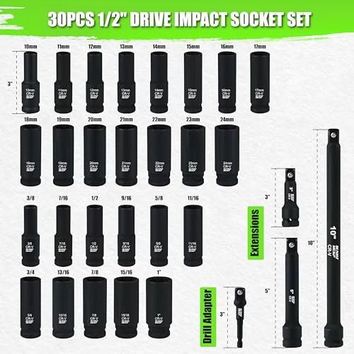 SUNHZMCKP 30-Piece 1/2" Drive Impact Socket Set, SAE (3/8"- 1") and Metric (10mm-24mm) Deep Socket Set, Including Impact Extension Bar 3 ", 5", 10" and 1/2" Socket Adapter, 6 Point Design, CR-V - size: 30-Pc 1/2" Drive Impact Socket Set