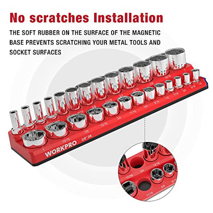 WORKPRO Magnetic Socket Organizer, 3/8-Inch SAE Socket Holder | Hold 26-Piece Sockets, Suitable for Standard and Deep Socket, Magnetic Base, No Scratches Installation, Sockets not Included - size: 3/8" DR - SAE