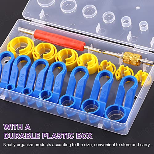 Swpeet 16Pcs Car Fuel Line Disconnect Removal Tool with Valve Core Remover Tool Kit, 1/4 5/16 3/8 1/2 5/8 3/4 7/8 Inch Air Conditioning Quick Disconnect Release Tool Kit Pipe for Auto Repair Tools