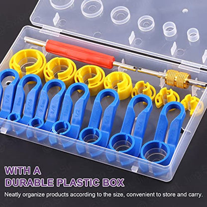 Swpeet 16Pcs Car Fuel Line Disconnect Removal Tool with Valve Core Remover Tool Kit, 1/4 5/16 3/8 1/2 5/8 3/4 7/8 Inch Air Conditioning Quick Disconnect Release Tool Kit Pipe for Auto Repair Tools