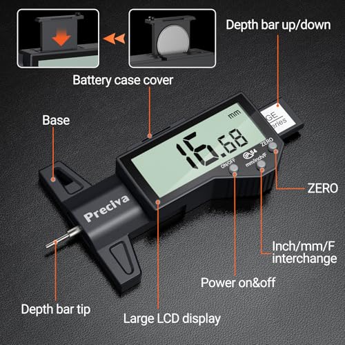 Preciva Tire Tread Depth Gauge & Brake Lining Gauge Set, Digital Tire Depth Gauge with Large LCD Display and in, MM, F Conversion, for Tread Depth, Brake Shoe and Pad Wear - color: Black