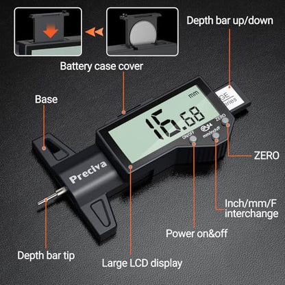Preciva Tire Tread Depth Gauge & Brake Lining Gauge Set, Digital Tire Depth Gauge with Large LCD Display and in, MM, F Conversion, for Tread Depth, Brake Shoe and Pad Wear - color: Black