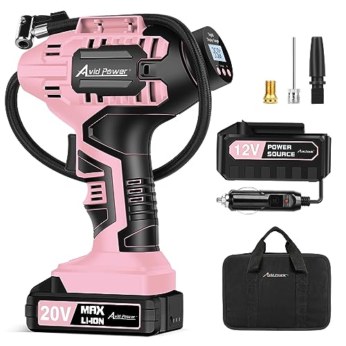 Avid Power Cordless Tire Inflator Air Compressor, 20V Car Tire Pump w/ 12V DC Adapter, Rechargeable Li-ion Battery Operated Tire Compressor w/Digital Pressure Gauge, for Many Inflatables (Pink) - color: 4-pink
