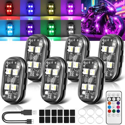 6PCS Wireless LED Strobe Lights, Upgraded 4LEDs RGB Lights for Cars Trucks | Create Brighter Lighting Effects for Vehicle Customization, 6PCS Rechargeable Lights for Motorcycles Camping - size: 6PCS (Upgraded 4LEDs)