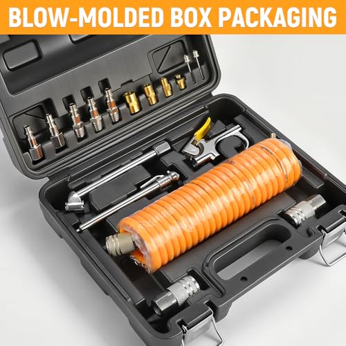 Hoteche 20-Piece Air Compressor Accessory Kit, Heavy Duty Pneumatic Tool Starter Set with 1/4" NPT Couplers & Plugs, 5m Recoil Hose, Tire Pressure Gauge, Blow Gun, and Inflator Nozzles in Storage Case