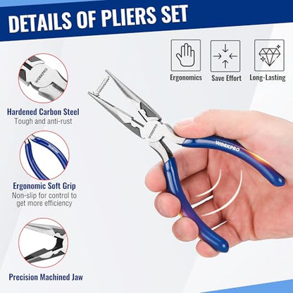 WORKPRO Pliers Set, 3-Piece Plier Tool Set with Soft Handle | 6" Needle Nose Plier, 6" Slip Joint Plier, 8" Groove Joint Plier for DIY & Home Use - color: Blue