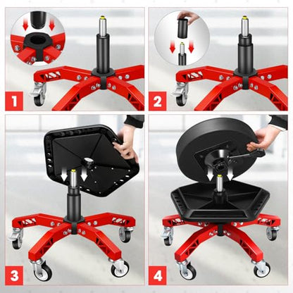 DNA Motoring Rolling Shop Stool, Adjustable Height Padded Rolling Seat, Pneumatic Roller Mechanic Stool for Garages, w/Tool Storage Tray, 300lbs Capacity, TOOLS-00636-BK-RD - style: Red Tray Model
