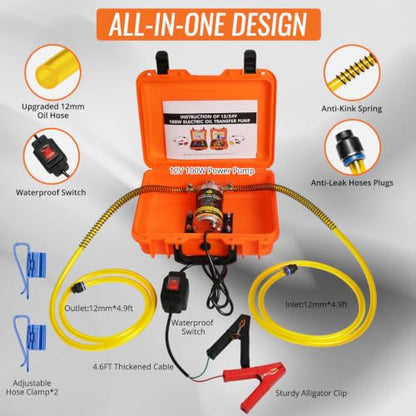 12/24V 100W Electric Oil Change Extractor Pump, Fluid Transfer Pump for Boats, Trucks, Cars, RVs, Lawnmowers | Multi-fluid transfer - color: Orange-B