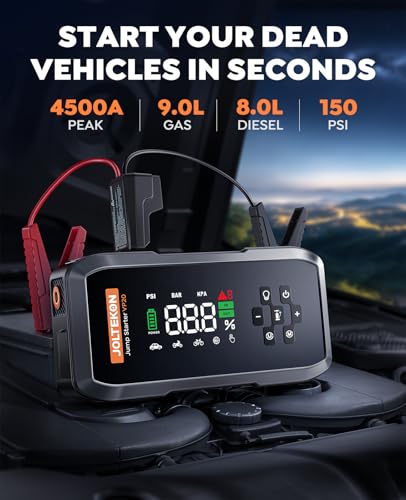 Car Battery Jump Starter with Air Compressor, 4500A Powerful Battery Jumper Starter Portable with 150PSI Auto-Pause Pump, 12V Jump Box for Car Battery with 10-Safety Protection(9L Gas/8L Diesel)