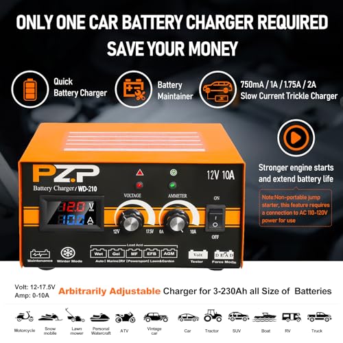 PZP 12V Manual Battery Charger Maintainer, 0 to 10A Arbitrarily Adjustable Car Battery Trickle Charger, Battery Desulfator with Repair, Winter Mode, Suitable for Lawn Mower, AGM, Deep Cycle Batteries - color: Tangerine