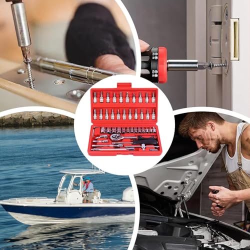Electric Ratchet Set – 3/8 Drive Wrench Kit, 46-Piece Hand Tool Collection | Multi-Purpose Mechanic Equipment for Automotive, Marine, DIY and Home Projects - color: Red