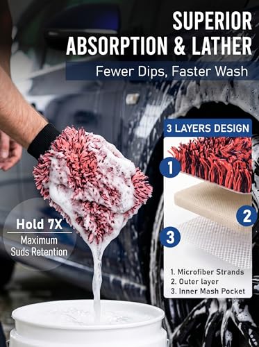 TAKAVU Car Wash Mitt, 2 Pack Microfiber, Scratch-Free (Red & Black) | Soft Lint-Free Wash Gloves Hold Sudsy Water for Auto Detailing, Machine Washable, Safe on Paint & Coat - color: Red
