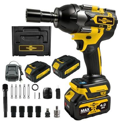 Rhovixster 1/2 Impact Gun Cordless - Impact Wrench Set, 1/2 Torque Impact, Brushless Motor High Torque Impact Guns with 2pcs 4Ah Battery & 1pcs Charger, 850N.M Torque