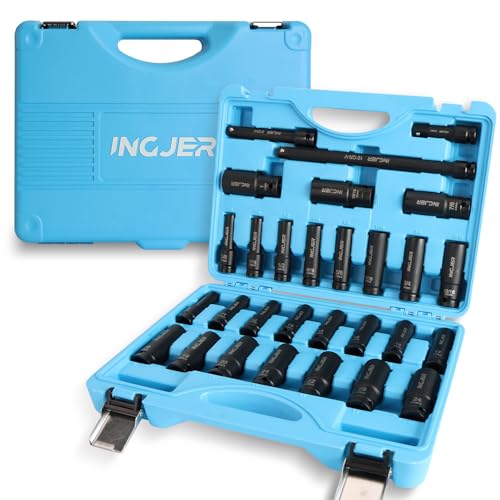 1/2" 29PCS Impact Socket Set, Upgrade CR-MO 6 Point Socket Set,SAE (3/8"-1") & Metric (10-24mm), Standard & Deep Sockets with Extension Bars, High Torque, Ideal for Truck Bearing Locknut. - size: 1/2inch 29PCS DEEP