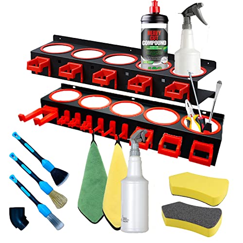 2 Pack Wall-mounted Spray Bottle Holder with Bottle and Brushes | Garage Bottle Organizer for Car Cleaning Detailing Tools,Abrasive Material Hanging Rail Car Beauty Shop Accessory