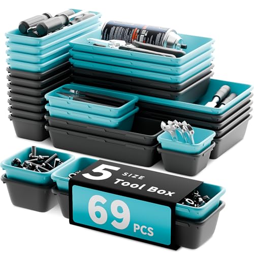 69 PCS & 5 Sizes Tool Box Organizer Trays, Black and Sky Blue | High Quality Desk Tray, Interlocking Design, Craftsman Toolbox Organization for Storing Wrench Screwdrivers Hammer Nails - color: Black & Sky Blue: 69 PCS