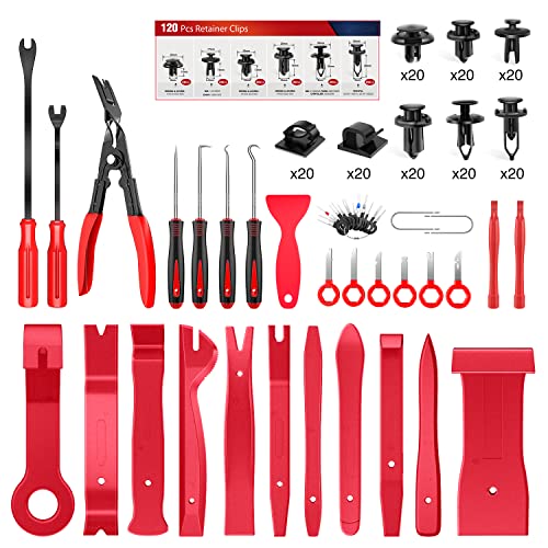 Nilight 200Pcs Trim Removal Tool, Auto Push Pin Bumper Retainer Clip Set Fastener Terminal Remover Adhesive Cable Clips Round Handle Crowbar Kit Car Panel Radio Auto Clip Pliers - color: 200 Clips+ Remover Tools Red