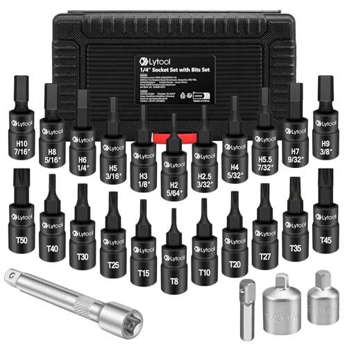 Lytool 25-Piece 1/4" Drive Torx and Hex Bit Socket Set, S2 Steel Allen & Star Bit Sockets, T8-T50 Torx and H2-H10 Hex Sizes, with Adapters for Automotive, Bike and Home Repair