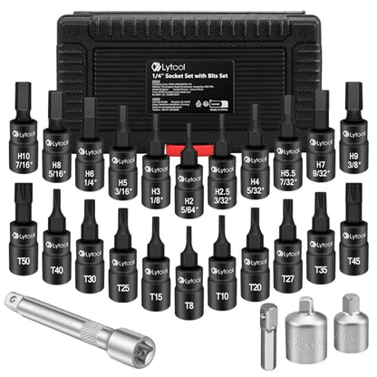 Lytool 25-Piece 1/4" Drive Torx and Hex Bit Socket Set, S2 Steel Allen & Star Bit Sockets, T8-T50 Torx and H2-H10 Hex Sizes, with Adapters for Automotive, Bike and Home Repair