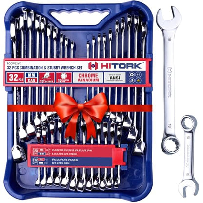 HITORK 32 Piece Wrench Set SAE & Metric 20 Standard & 12 Stubby Combination Wrenches Cr-V Steel 12-Point Mirror Finish 15° Offset with Organizer Tray Ideal for Auto & Home Repair - style: 32 Piece Set SAE & Metric