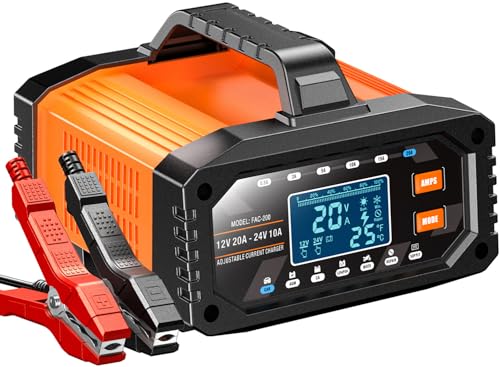 2026 Upgraded 0.5/2/5/10/15/20Amp Adjustable Current Battery Charger, 12V/24V Smart Car Battery Trickle Charger Maintainer w/Auto Shutoff, Desulfator, for LiFePO4 AGM, STD, Gel, Deep Cycle Batteries