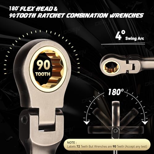 DISEN 12 Pcs Flex Head Ratcheting Wrench Set 90 Teeth, Metric Combination Ratchet Wrenches Set 8-19MM, Nickel Plating Cr-VSteel with Organizer Rack